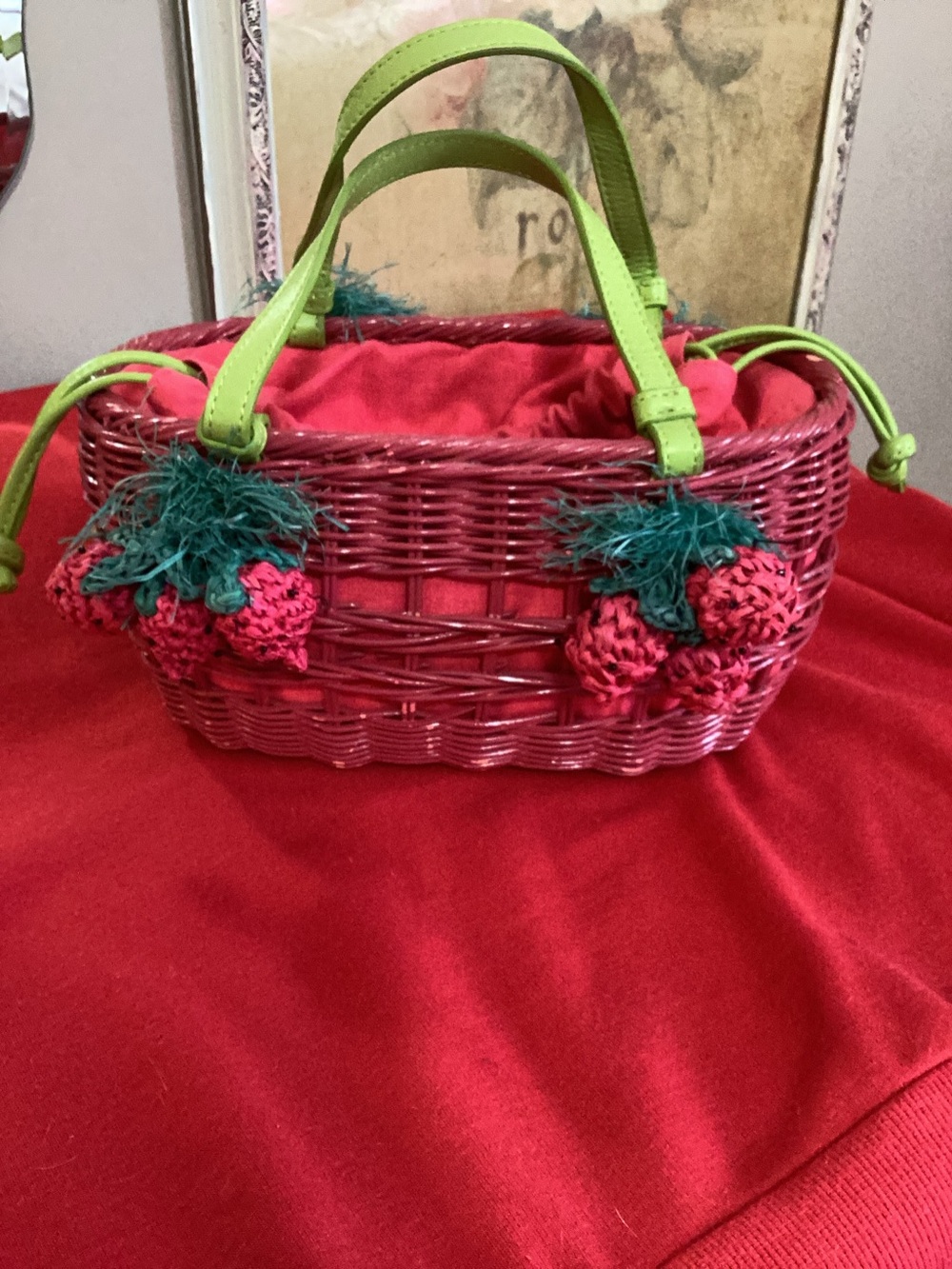 Vintage Michael Simon Red Strawberry Wicker Handbag